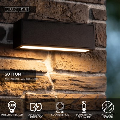Lucide SUTTON - Wandleuchte - Sonnenenergie - LED - 1x1,5W 2700K/3000K - IP54 - Tag/Nacht-Sensor - Schwarz